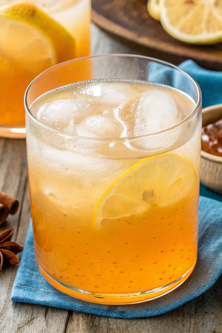 Apple cider vinegar drink in a clear glass with lemon and honey