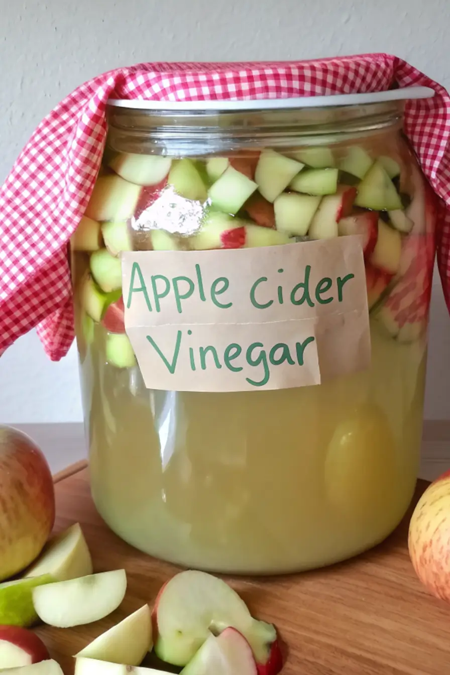 Jar of homemade apple cider vinegar with apple scraps on a marble counter