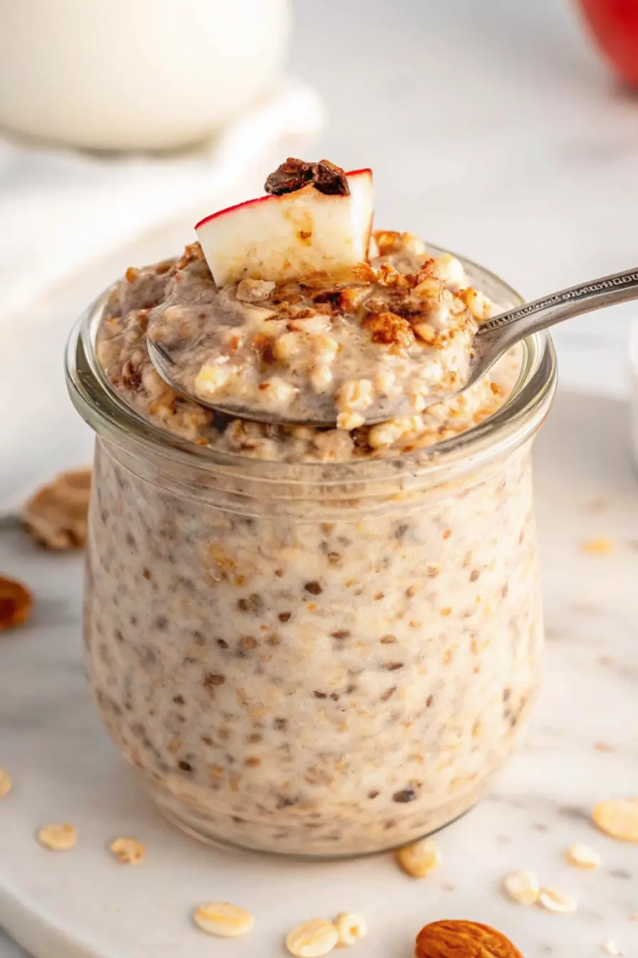 Easy apple cinnamon overnight oats recipe in a jar with diced apples and cinnamon stick