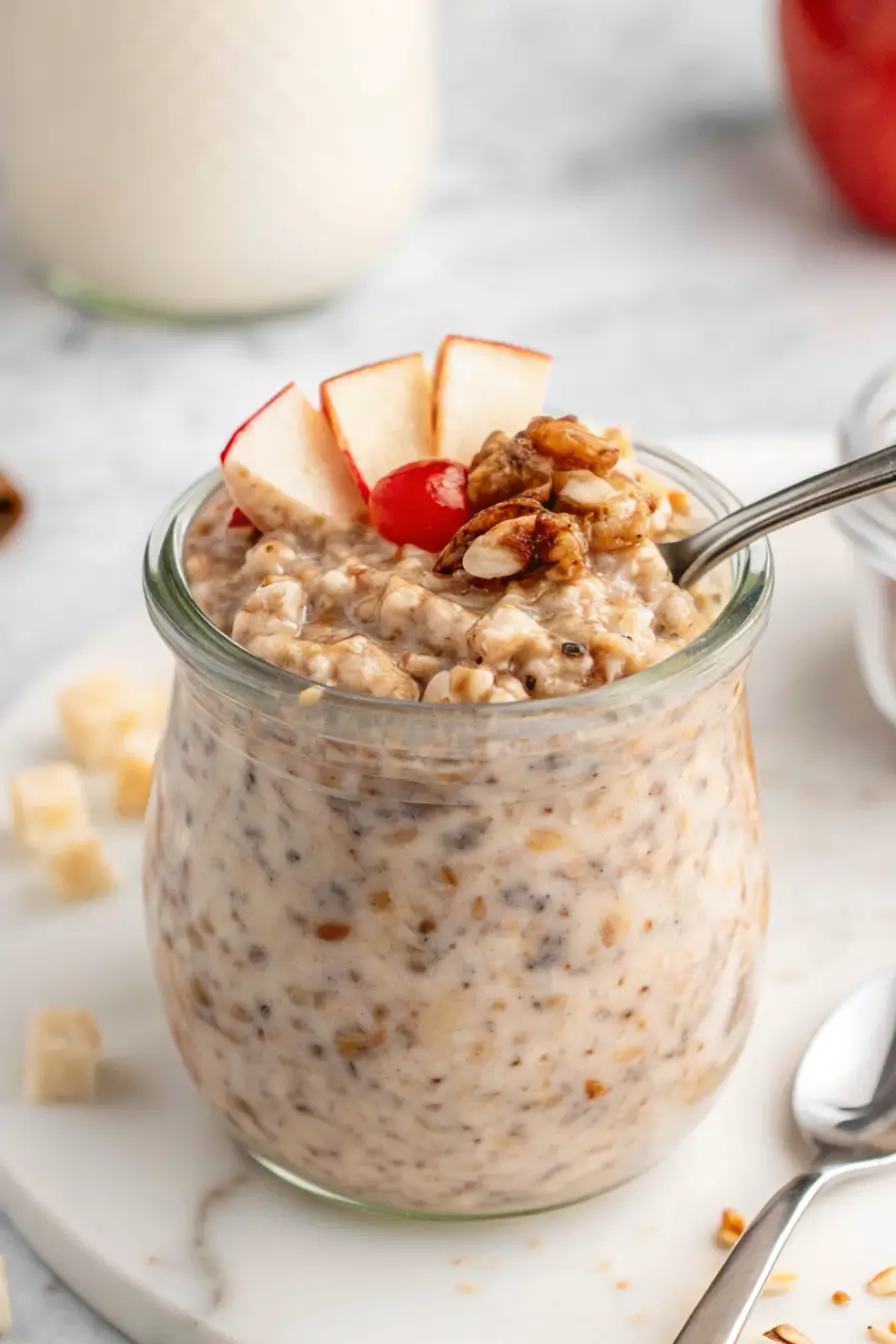 Creamy apple cinnamon overnight oats topped with apples and walnuts