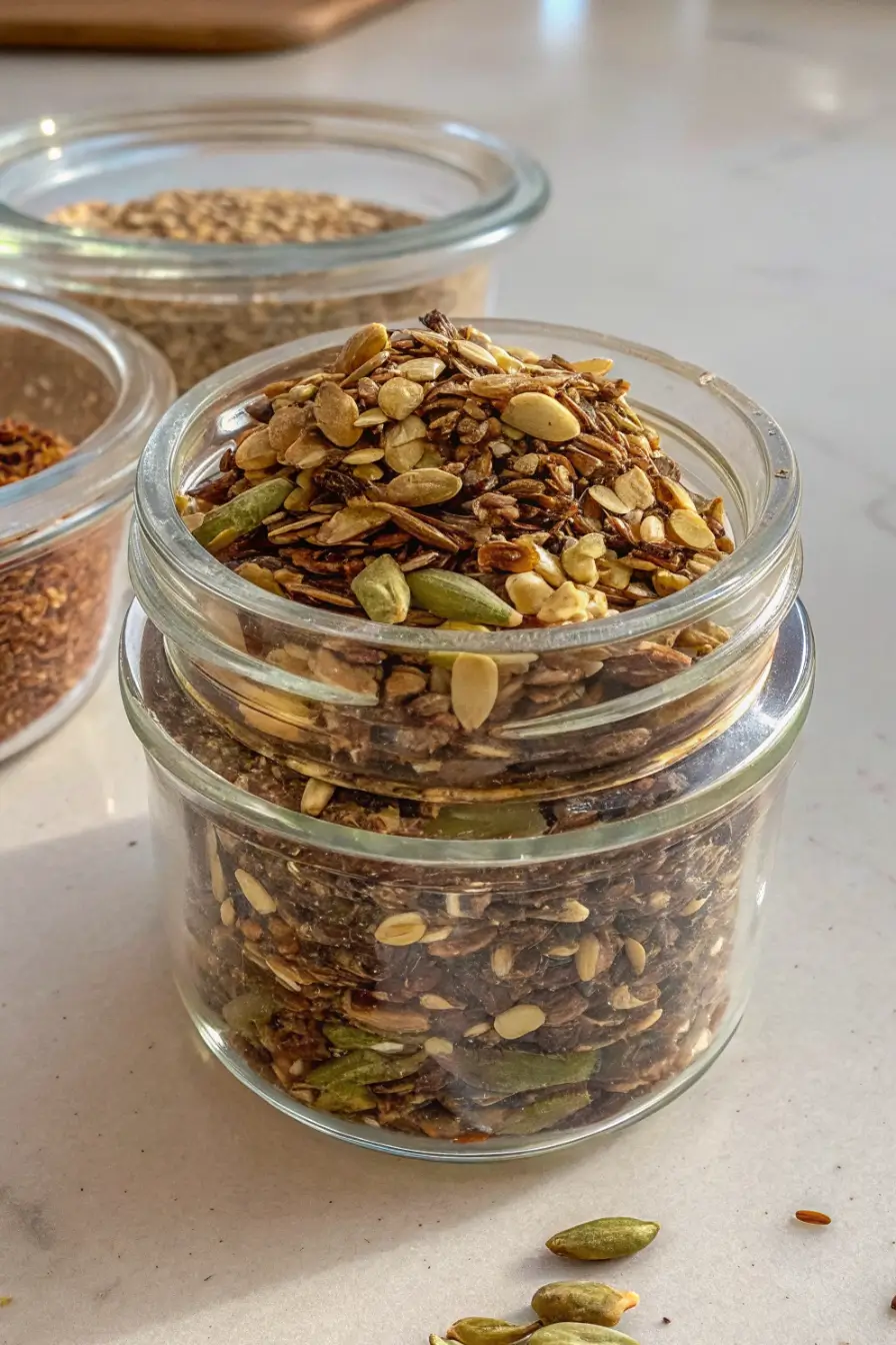 Healthy bariatric seed recipe in a glass jar with wooden spoon