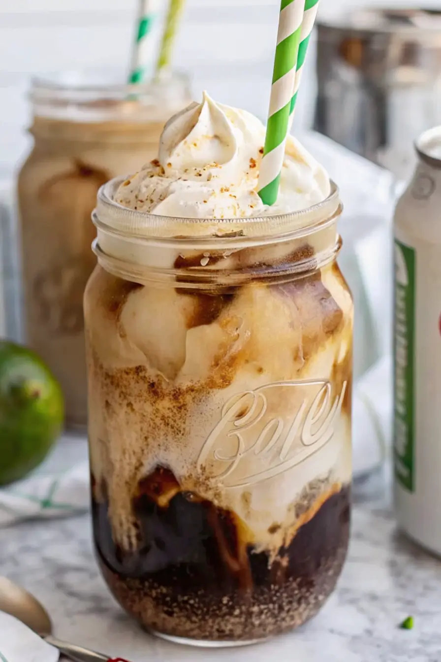 glass of dirty Dr Pepper with creamy swirls on ice